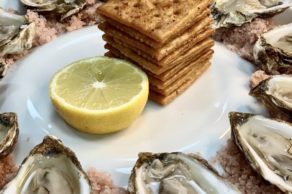 fresh oysters on the half shell served on pink salt with saltines, lemon and vinegar mignonette