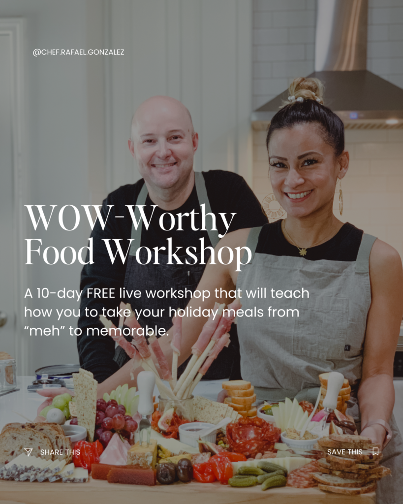 Chef Raf and Toni in their home kitchen, showcasing a food board they just prepared with their students in the workshop